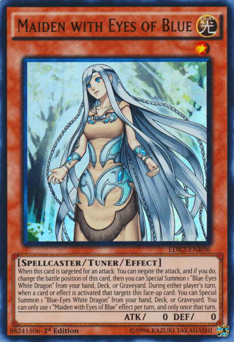 A "Maiden with Eyes of Blue [LDK2-ENK06] Ultra Rare" Yu-Gi-Oh! card. The Yu-Gi-Oh! Ultra Rare card features artwork of a blue-eyed woman with flowing white hair. She wears a white dress with blue accents. Labeled 1st Edition, it details her role as a spellcaster and Tuner/Effect Monster. ATK/DEF values are both 0, hinting at its powerful connection.