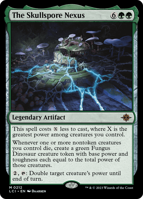 A Magic: The Gathering card named "The Skullspore Nexus [The Lost Caverns of Ixalan]." This mythic, legendary artifact costs six generic mana and two green mana to cast. It features abilities involving the creation of Fungus Dinosaur creature tokens. The card depicts a mysterious, glowing structure surrounded by overgrowth.