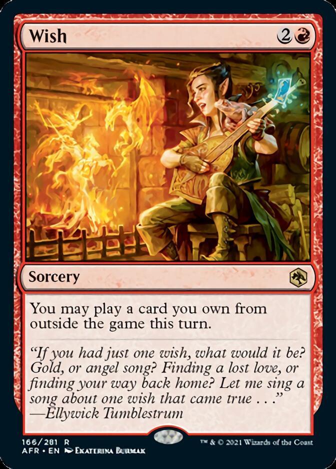 A detailed illustration of a fantasy card titled "Wish [Dungeons & Dragons: Adventures in the Forgotten Realms]" from Magic: The Gathering. The art depicts an elf bard playing a lute, emanating magical energy. Text reads: "You may play a card you own from outside the game this turn." Flavored text: “If you had just one wish, what would it be? ...” by Ellywick Tumblestr