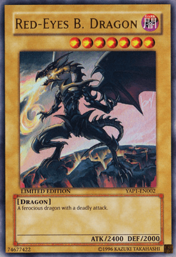 The image showcases the Yu-Gi-Oh! trading card "Red-Eyes B. Dragon [YAP1-EN002]" Ultra Rare, featuring a dark, armored dragon with glowing red eyes and outstretched wings. This card from the Anniversary Pack boasts 2400 attack points and 2000 defense points, described as "A ferocious dragon with a deadly attack.