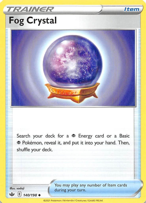 A Pokémon card titled "Fog Crystal (140/198) [Sword & Shield: Chilling Reign]" from the Pokémon series, featuring an illustration of a crystal ball on a stand with an ethereal, misty interior. This Uncommon Trainer Item lets you search your deck for an Energy card or Basic Pokémon and add it to your hand.