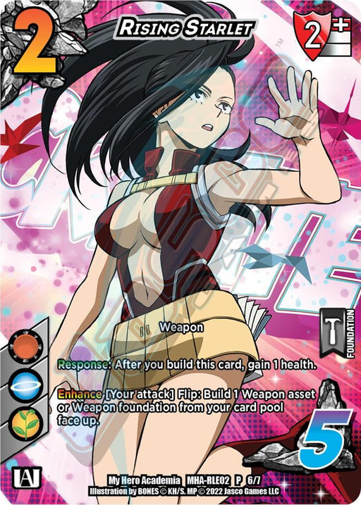 An illustrated trading card features a female character with long black hair, wearing red and white attire. Set against a red and pink background with a starburst design, the card is titled "Rising Starlet [Crimson Rampage Promos]." Various stats, including health values and weapon abilities, are detailed on the card. This is part of the UniVersus brand.