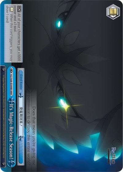 A trading card from the "Re:Zero" series. It features a close-up of a dark, shadowy figure with glowing eyes. The Climax Card includes various text boxes, with some text in English and Japanese. The triple rare design is intricate, with magical and dark elements reminiscent of "It's Magic-Release Season! (RZ/S68-E098R RRR) [Re:ZERO Memory Snow]" by Bushiroad.