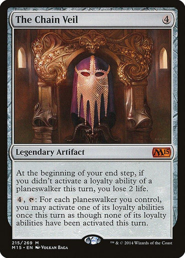 A Magic: The Gathering card titled "The Chain Veil [Magic 2015]," from Magic: The Gathering. This mythic legendary artifact costs 4 colorless mana and features an ornate veil hanging within a gothic archway. Its card text describes an end-step ability that causes life loss and the activation of a planeswalker ability.