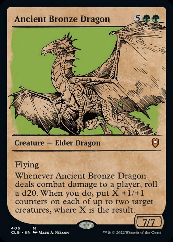 The Ancient Bronze Dragon (Showcase) [Commander Legends: Battle for Baldur's Gate] from Magic: The Gathering showcases a majestic Elder Dragon with bronze scales and wings spread wide. Costing 5 generic mana and 2 green mana, this 7/7 creature boasts flying and triggers a special effect when it deals combat damage.