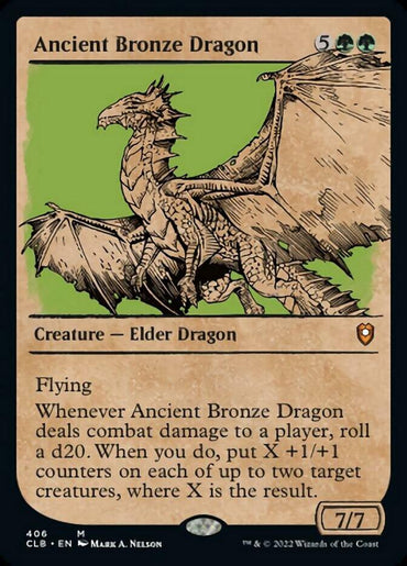 The Ancient Bronze Dragon (Showcase) [Commander Legends: Battle for Baldur's Gate] from Magic: The Gathering showcases a majestic Elder Dragon with bronze scales and wings spread wide. Costing 5 generic mana and 2 green mana, this 7/7 creature boasts flying and triggers a special effect when it deals combat damage.