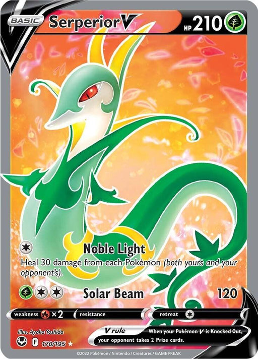 A Pokémon card for Serperior V (170/195) [Sword & Shield: Silver Tempest] with 210 HP. The Ultra Rare card showcases the Grass Type serpent Pokémon against a vibrant background with autumn leaves. Featuring "Noble Light" and "Solar Beam" moves, it’s identified as 170/195 from Silver Tempest and details its weaknesses, resistances, and retreat cost.