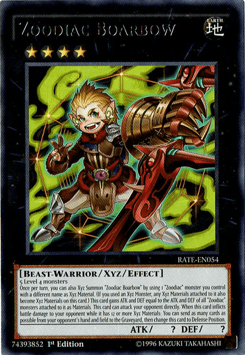 A trading card depicts "Zoodiac Boarbow [RATE-EN054] Rare" from Yu-Gi-Oh!, an Xyz Monster showcasing a boar-like warrior holding a large, mechanical crossbow. The card has attributes such as 4 stars, an Earth symbol, and stats for ATK and DEF. Text describes summoning and effects. Below is the card number RATE-EN054 from the Raging Tempest set and its 1st edition printing.