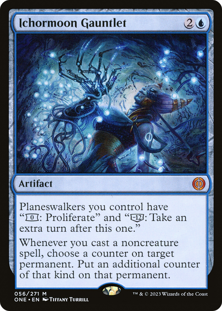 The "Ichormoon Gauntlet" card from Magic: The Gathering's "Phyrexia: All Will Be One" set depicts a mystical scene with an otherworldly figure channeling blue energy, blending magic and technology that impacts Planeswalkers and spells.