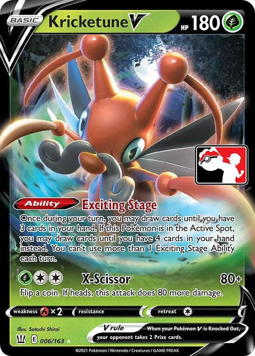 Image shows an Ultra Rare Kricketune V Pokémon card from the Prize Pack Series One expansion. It has 180 HP and features the "Exciting Stage" ability and "X-Scissor" attack. The card has a grass type symbol, number 006/163, an artist credit to Satoshi Shirai, and a regulation mark 'E'.