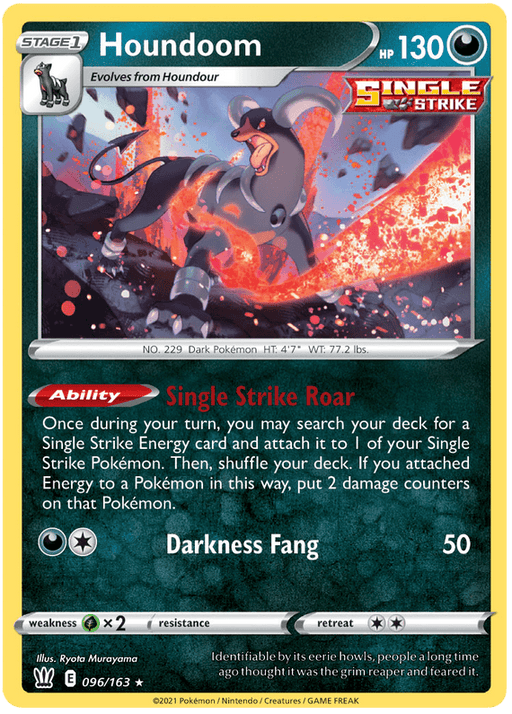 The image shows a Pokémon trading card featuring Houndoom (096/163) [Sword & Shield: Battle Styles] from the Pokémon brand. The card is labeled as a Single Strike type with 130 HP. The art displays Houndoom, a black and orange canine-like creature emitting flames from its mouth. It highlights the abilities "Single Strike Roar" and "Darkness Fang" dealing 50 damage points. The card also includes details like H