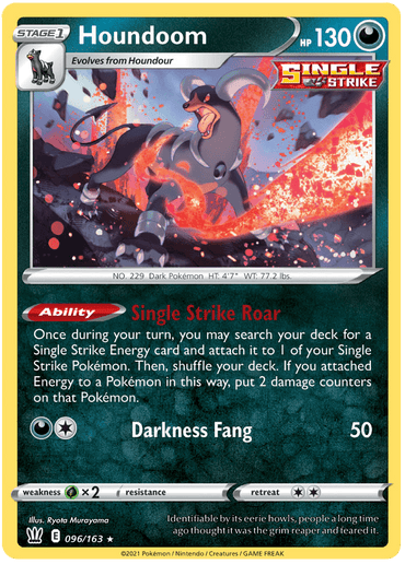 The image is of a rare Houndoom (096/163) (Theme Deck Exclusive) [Sword & Shield: Battle Styles] Pokémon card from the Sword & Shield—Battle Styles series. Houndoom, a black and red hound-like creature, snarls on a rocky landscape with flames in the background. The Darkness Type card showcases its abilities, Single Strike Roar and Darkness Fang, with 130 HP.