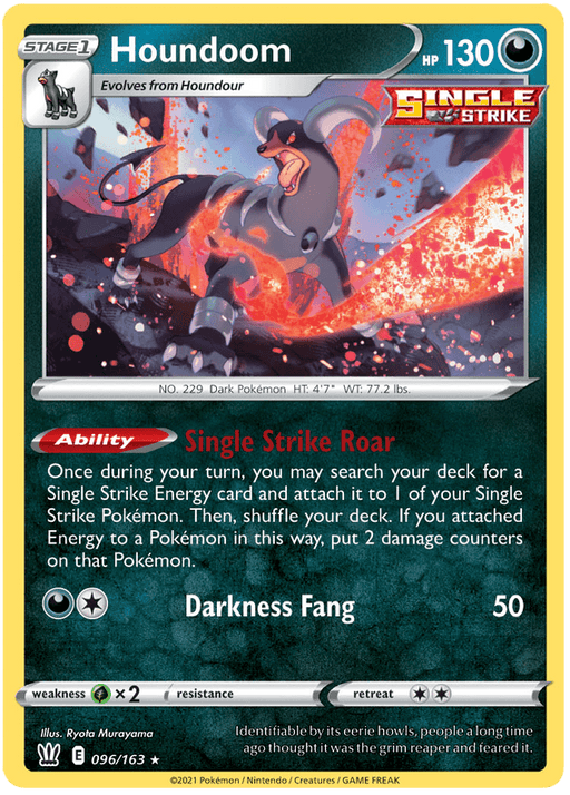 The image is of a rare Houndoom (096/163) (Theme Deck Exclusive) [Sword & Shield: Battle Styles] Pokémon card from the Sword & Shield—Battle Styles series. Houndoom, a black and red hound-like creature, snarls on a rocky landscape with flames in the background. The Darkness Type card showcases its abilities, Single Strike Roar and Darkness Fang, with 130 HP.