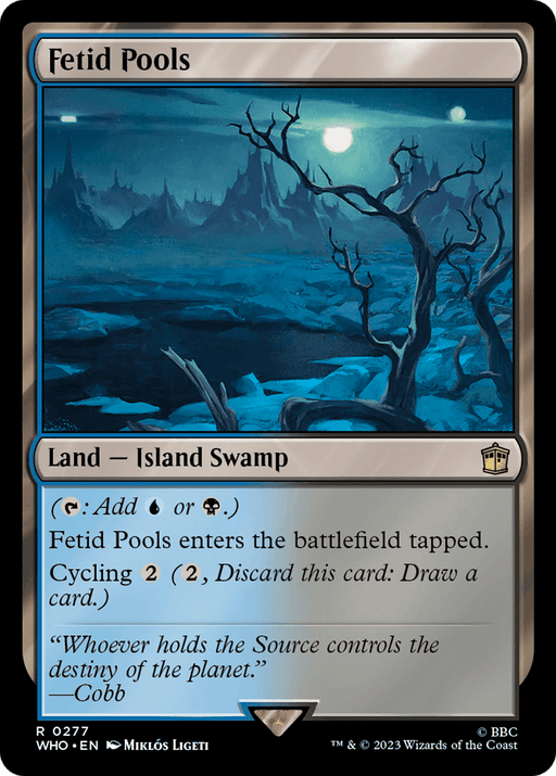 A "Magic: The Gathering" card titled "Fetid Pools [Doctor Who]," featuring eerie blue artwork of a desolate, swampy landscape with murky water, twisted barren trees, and a dark cloudy sky. This rare Land card is of the Island Swamp type and can add blue or black mana, enters tapped, and allows Cycling for 2 mana.