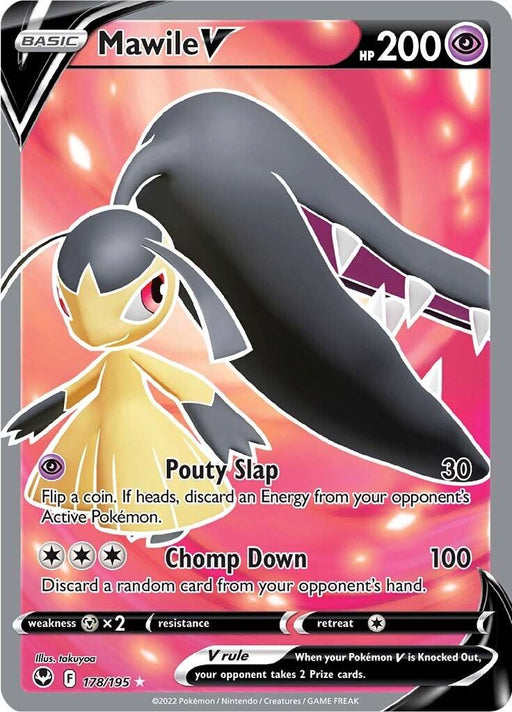 A Pokémon trading card from the Pokémon Sword & Shield: Silver Tempest set featuring Mawile V (178/195). The card shows Mawile with its large, powerful jaws open. It has 200 HP and two attacks: "Pouty Slap" (30 damage) which may discard an Energy from the opponent's Active Pokémon, and "Chomp Down" (100 damage) which discards a random card from the opponent's.