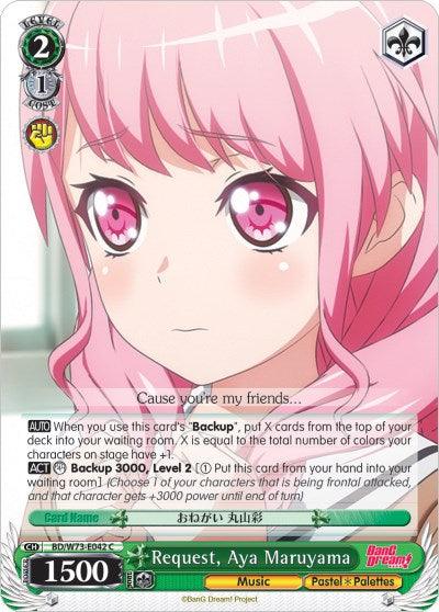 A trading card from Bushiroad's BanG Dream! Vol.2 features an anime-style illustration of Aya Maruyama, a pink-haired girl with large, expressive eyes. The character card includes game-related text like 