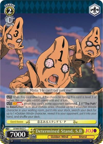A Determined Stand, S.B (JJ/S66-E022 C) [JoJo's Bizarre Adventure: Golden Wind] trading card by Bushiroad showcases "Golden Wind," a humanoid Stand with three numbered heads on a yellow background. This Character Card features text and abilities, including the quote, "Mista: 'He can't get past me!'" With common rarity, it boasts a blue and yellow border, the title "Determined Stand, S.B," and 7000.
