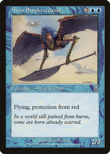 The Magic: The Gathering card "Aven Smokeweaver [Odyssey]" depicts a Bird Soldier with mechanical wings and armor, flying through clouds while wielding a scythe. It features "Flying, protection from red" abilities. Flavor text: "In a world still pained from burns, some are born already scarred.