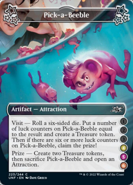 A Magic: The Gathering card titled "Pick-a-Beeble (4-5-6) [Unfinity]" It features a magenta creature with big ears and a mischievous grin, swimming underwater with multiple smaller similar creatures. This artifact-attraction includes game mechanics and even creates a Treasure token detailed in a text box below the illustration.