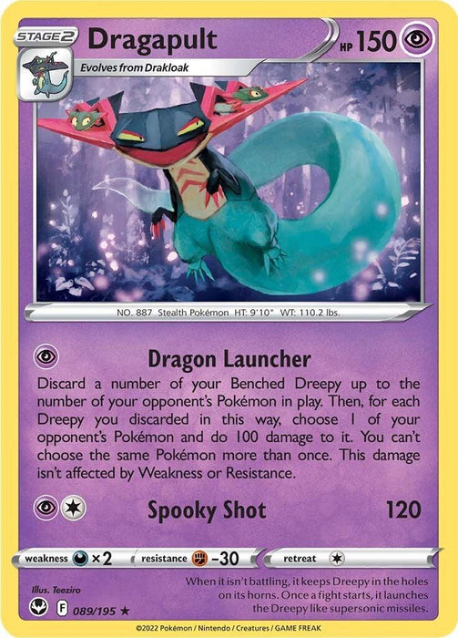 The image displays a Pokémon Trading Card Game card for Dragapult (089/195) [Sword & Shield: Silver Tempest]. This Stage 2 card evolves from Drakloak and has 150 HP. The card text features the "Dragon Launcher" ability and "Spooky Shot" attack, which deals 120 damage. It is numbered 089/195 and illustrated by Tozziro.