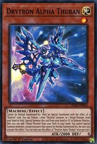 Image of a Yu-Gi-Oh! trading card named "Drytron Alpha Thuban [GEIM-EN024] Super Rare." This Effect Monster, from the Genesis Impact set, features a blue, futuristic, dragon-like machine with glowing yellow highlights set against a cosmic background. It has 2000 ATK and 0 DEF, with detailed effect text visible below the image.