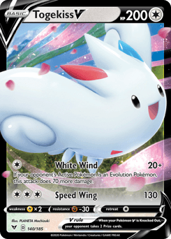 A Pokémon Trading Card featuring the Ultra Rare Togekiss V (140/185) [Sword & Shield: Vivid Voltage] by Pokémon, with 200 HP. Togekiss V is white with red and blue markings, flying among trees with pink blossoms. The card text includes two abilities: 