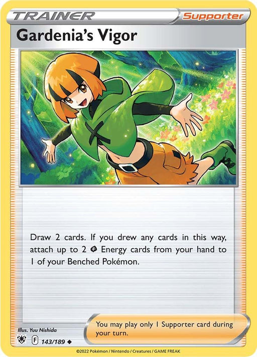 A Pokémon Trading Card featuring "Gardenia's Vigor (143/189) [Sword & Shield: Astral Radiance]" from the Pokémon series. It depicts an animated character with orange hair and green clothing, including a top and shorts, standing energetically in a lush garden. This Supporter card, illustrated by Yuu Nishida, includes drawing cards and attaching energy cards.
