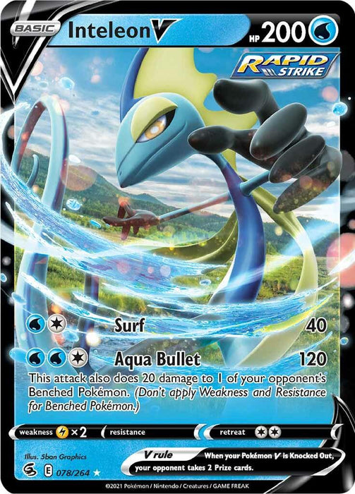 The image shows an Ultra Rare Pokémon trading card of Inteleon V (078/264) [Sword & Shield: Fusion Strike] from the Pokémon series. It is a basic, Rapid Strike card with 200 HP featuring a sleek, blue, and yellow Water-type Pokémon. The card details Inteleon's moves: Surf (40 damage) and Aqua Bullet (120 damage) which also damages one benched opponent's Pokémon.