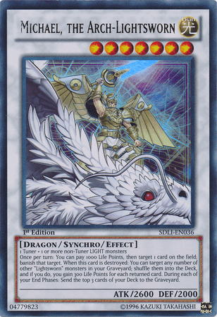 A Yu-Gi-Oh! Ultra Rare trading card named Michael, the Arch-Lightsworn [SDLI-EN036]. This Synchro/Effect Monster depicts a winged, armored warrior wielding a sword, standing over a white dragon. With an ATK of 2600 and DEF of 2000, its effect includes banishing cards and life point recovery.