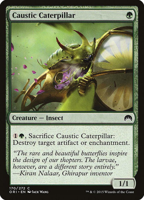 A Magic: The Gathering product from Magic Origins, titled "Caustic Caterpillar [Magic Origins]." It features an illustration of a green caterpillar with large mandibles, standing amid pink petals. This Creature — Insect costs one green mana and can destroy a target artifact or enchantment for one green and one colorless mana. It has power/toughness of 1/1.