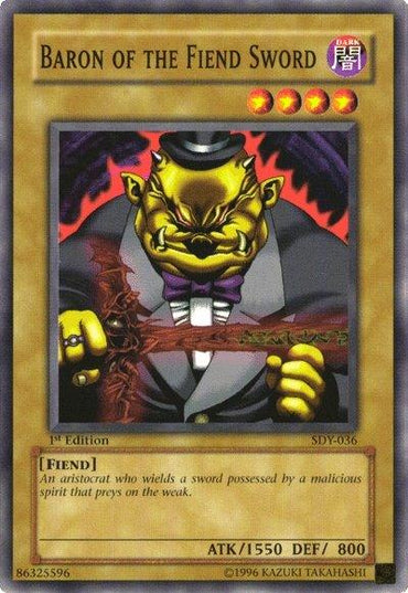 The Yu-Gi-Oh! card titled "Baron of the Fiend Sword [SDY-036] Common" from the Starter Deck: Yugi series features a sinister, yellow-skinned humanoid dressed in a dark suit and top hat. This fiendish aristocrat wields an ominous glowing sword and boasts stats of ATK 1550 and DEF 800.