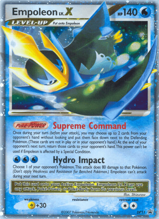 A Pokémon trading card from the Diamond & Pearl series featuring Empoleon LV. X (DP11) [Diamond & Pearl: Black Star Promos]. The card boasts a vibrant illustration of Empoleon, a blue and yellow Water type penguin-like Pokémon with metallic wings. With an impressive 140 HP, it includes Supreme Command and Hydro Impact against a snowy backdrop.