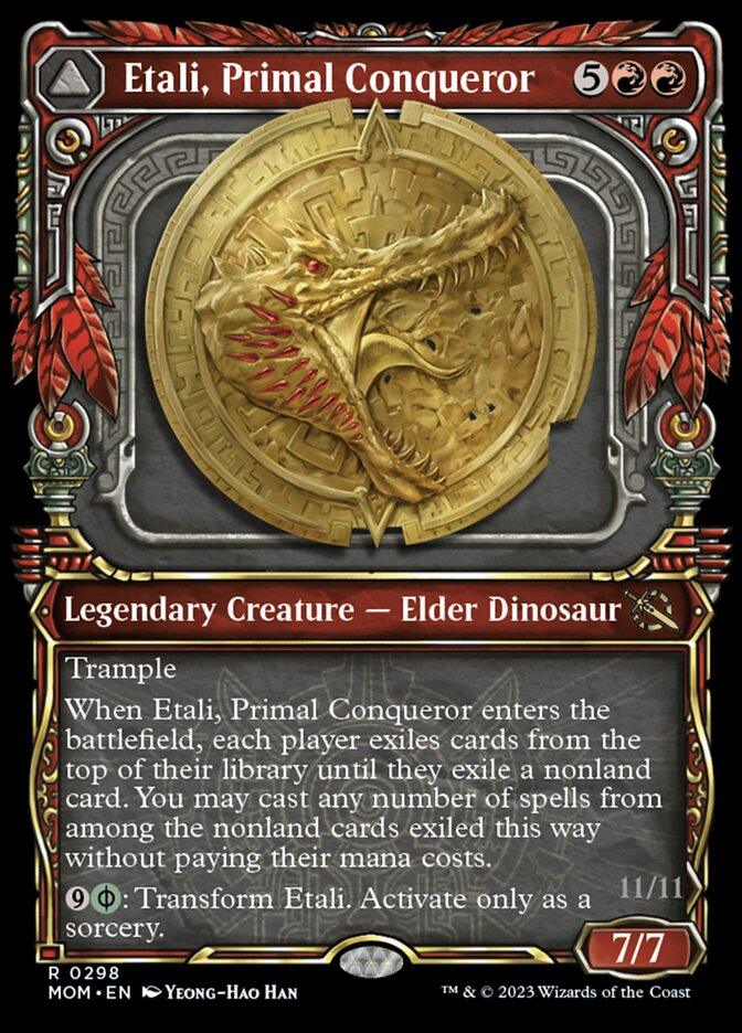 A Magic: The Gathering card titled "Etali, Primal Conqueror // Etali, Primal Sickness (Showcase Planar Booster Fun) [March of the Machine]." It costs 5 colorless mana and 2 red mana, showcasing a detailed, gold-embossed dinosaur's head on a shield. This 7/7 Legendary Creature - Elder Dinosaur has trample, with its abilities and flavor text written below the image.