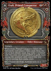 A Magic: The Gathering card titled "Etali, Primal Conqueror // Etali, Primal Sickness (Showcase Planar Booster Fun) [March of the Machine]." It costs 5 colorless mana and 2 red mana, showcasing a detailed, gold-embossed dinosaur's head on a shield. This 7/7 Legendary Creature - Elder Dinosaur has trample, with its abilities and flavor text written below the image.