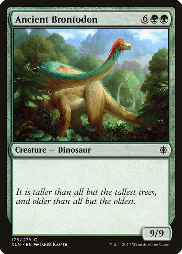 A Magic: The Gathering product titled "Ancient Brontodon [Ixalan]" from the brand Magic: The Gathering. It showcases a large dinosaur with a long neck and tail in a lush, green forest. Colorful plumage adorns its head and back. The common card has a mana cost of 6G, impressive 9/9 power/toughness, and flavor text below the illustration.