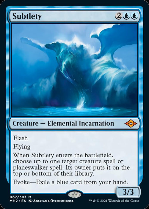 A Magic: The Gathering card from Modern Horizons 2. It shows Subtlety [Modern Horizons 2], a Creature Elemental Incarnation of mythic rarity. The artwork depicts a colossal wave crashing with a serene face formed within. The card details include a cost of 2 generic and 2 blue mana, and key attributes like Flash, Flying, and Evoke. Power/Toughness: 3/3