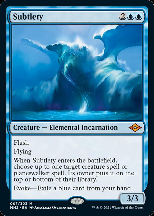 A Magic: The Gathering card from Modern Horizons 2. It shows Subtlety [Modern Horizons 2], a Creature Elemental Incarnation of mythic rarity. The artwork depicts a colossal wave crashing with a serene face formed within. The card details include a cost of 2 generic and 2 blue mana, and key attributes like Flash, Flying, and Evoke. Power/Toughness: 3/3