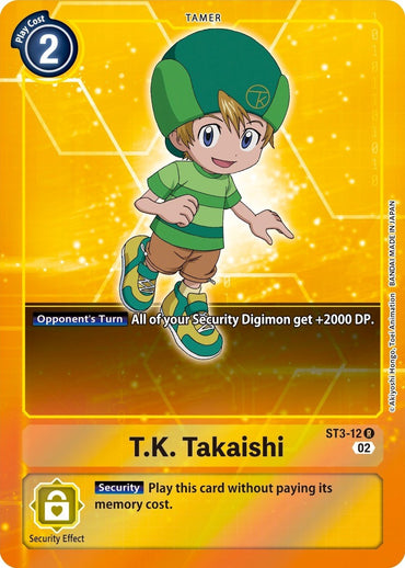 The image features an exclusive Digimon card titled "T.K. Takaishi [ST3-12] (Alternate Art)" from the Starter Deck: Jesmon series. It depicts T.K., the tamer, wearing a green hat and striped shirt, smiling as he runs against a vibrant yellow backdrop. This card has a play cost of 2 and includes a security effect allowing it to be played without any memory cost.