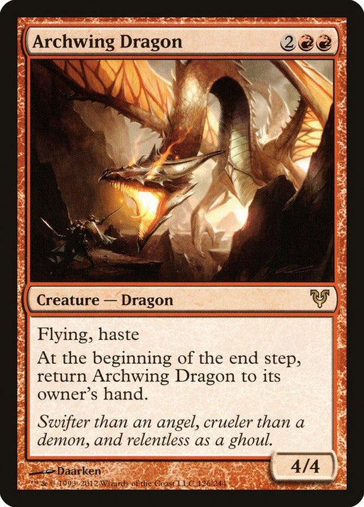 A Magic: The Gathering card featuring the rare creature "Archwing Dragon [Avacyn Restored]." The card has a red border, showcasing a dragon with wings spread, flying over a canyon. Text box reads, "Flying, haste. At the beginning of the end step, return Archwing Dragon [Avacyn Restored] to its owner's hand." The card's power and toughness are 4/4.
