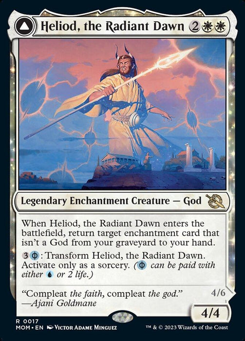 A Magic: The Gathering card from the "March of the Machine" set, titled "Heliod, the Radiant Dawn // Heliod, the Warped Eclipse," features Heliod as a Legendary Enchantment Creature god with outstretched arms, surrounded by radiant light. The uncommon card has a mana cost of 2WW, power/toughness of 4/4, and includes an ability to transform into "Heliod, the Warped Eclipse.