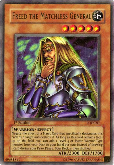 An image of the Yu-Gi-Oh! trading card "Freed the Matchless General [LOD-016] Ultra Rare" from the Legacy of Darkness series. This Ultra Rare Effect Monster features an armored warrior with long blonde hair and a serious expression. With 2300 ATK and 1700 DEF, its effect negates certain Magic Card effects and helps draw Warrior-Type monsters.
