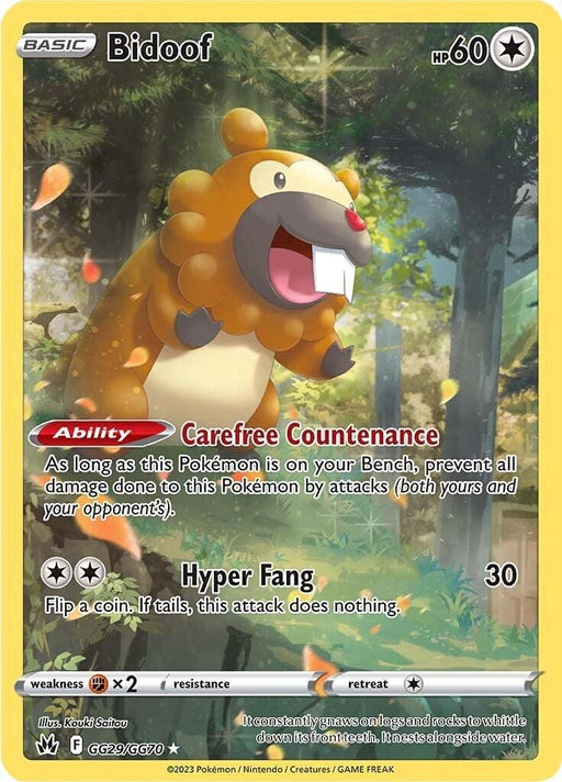 A Holo Rare Pokémon trading card from the Sword & Shield Crown Zenith series features Bidoof (GG29/GG70) [Sword & Shield: Crown Zenith] with 60 HP. Bidoof stands on two legs, holding a piece of wood, showcasing its brown fur and large front teeth. The card presents its "Carefree Countenance" ability and the move "Hyper Fang," dealing 30 damage, along with retreat, resistance, and weakness symbols at