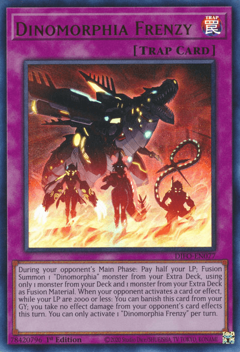 A Yu-Gi-Oh! trading card titled "Dinomorphia Frenzy [DIFO-EN077] Ultra Rare." It features a mechanical dinosaur with red glowing eyes and an open mouth, standing amid flames with a red and black vortex in the background. The card's effect text is written below the artwork.