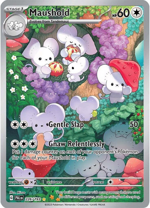 A Pokémon card from the Scarlet & Violet series featuring Maushold, an evolution of Tandemaus. Four mouse-like creatures are surrounded by colorful, oversized mushrooms and foliage. The Illustration Rare card's moves are "Gentle Slap" and "Gnaw Relentlessly." The **Pokémon** Maushold (226/193) [Scarlet & Violet: Paldea Evolved] card number is 226/193, illustrated by Mizue.