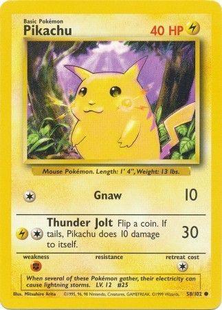 Image of a Pokémon trading card featuring Pikachu (58/102) [Base Set Unlimited]. The card depicts Pikachu with a yellow body, red cheeks, and a lightning bolt-shaped tail. It has 40 HP and two attacks: Gnaw (10 damage) and Thunder Jolt (30 damage, with a chance of inflicting 10 damage to itself). This common card is by Pokémon.