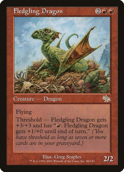 A Magic: The Gathering card named "Fledgling Dragon [Judgment]" features brown borders and a red background. Illustrated by Greg Staples, the green dragon is perched on rocks with wings ready to take flight. This rare creature boasts "Flying" and impressive special effects when Threshold conditions are met.