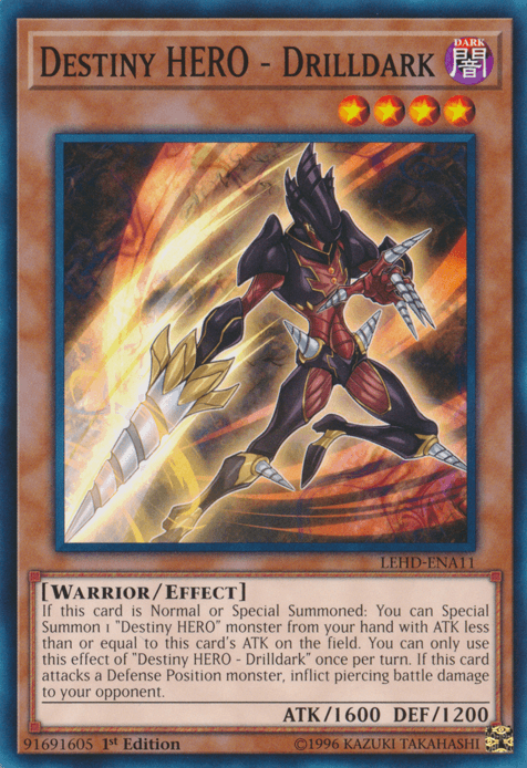 A Yu-Gi-Oh! card titled "Destiny Hero - Drilldark [LEHD-ENA11] Common" from the Legendary Hero Decks. This Effect Monster shows a dark-armored warrior wielding a large, drill-shaped weapon. It boasts 1600 Attack and 1200 Defense points. The effect text explains summoning conditions and piercing battle damage ability. Collection number: LEHD-ENA11.