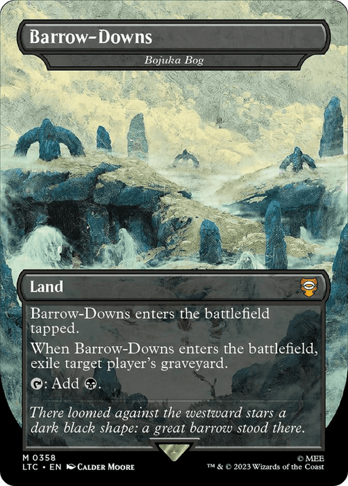 A "Magic: The Gathering" card titled "Bojuka Bog - Barrow-Downs [The Lord of the Rings: Tales of Middle-Earth Commander]" with a "Land" type. The landscape artwork features a rocky, foggy terrain with stone arches reminiscent of Tales of Middle-Earth. The card text reads: "Bojuka Bog - Barrow-Downs enters the battlefield tapped. When Bojuka Bog - Barrow-Downs enters the battlefield, exile target player's graveyard. {T}: Add