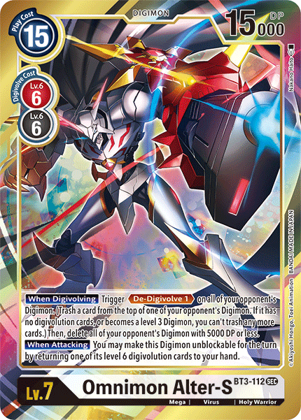 A Digimon Omnimon Alter-S [BT3-112] (Alternate Art) [Release Special Booster Ver.1.5]. This yellow and purple Mega level Holy Warrior boasts a play cost of 15, Digivolve cost of 6 from Lv. 6, and 15000 DP. Its artwork depicts Omnimon's red and white armor wielding a sword against a vibrant colored background, with card text describing its abilities.