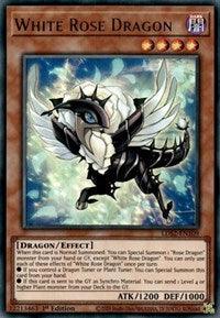 A Yu-Gi-Oh! trading card from Legendary Duelists: Season 2 featuring the Ultra Rare "White Rose Dragon [LDS2-EN109]." The dragon has white and black armor, with a sleek, mechanical appearance and large, white wings. The card text details its effect, and it has 4 stars. Its ATK is 1200, and DEF is 1000.